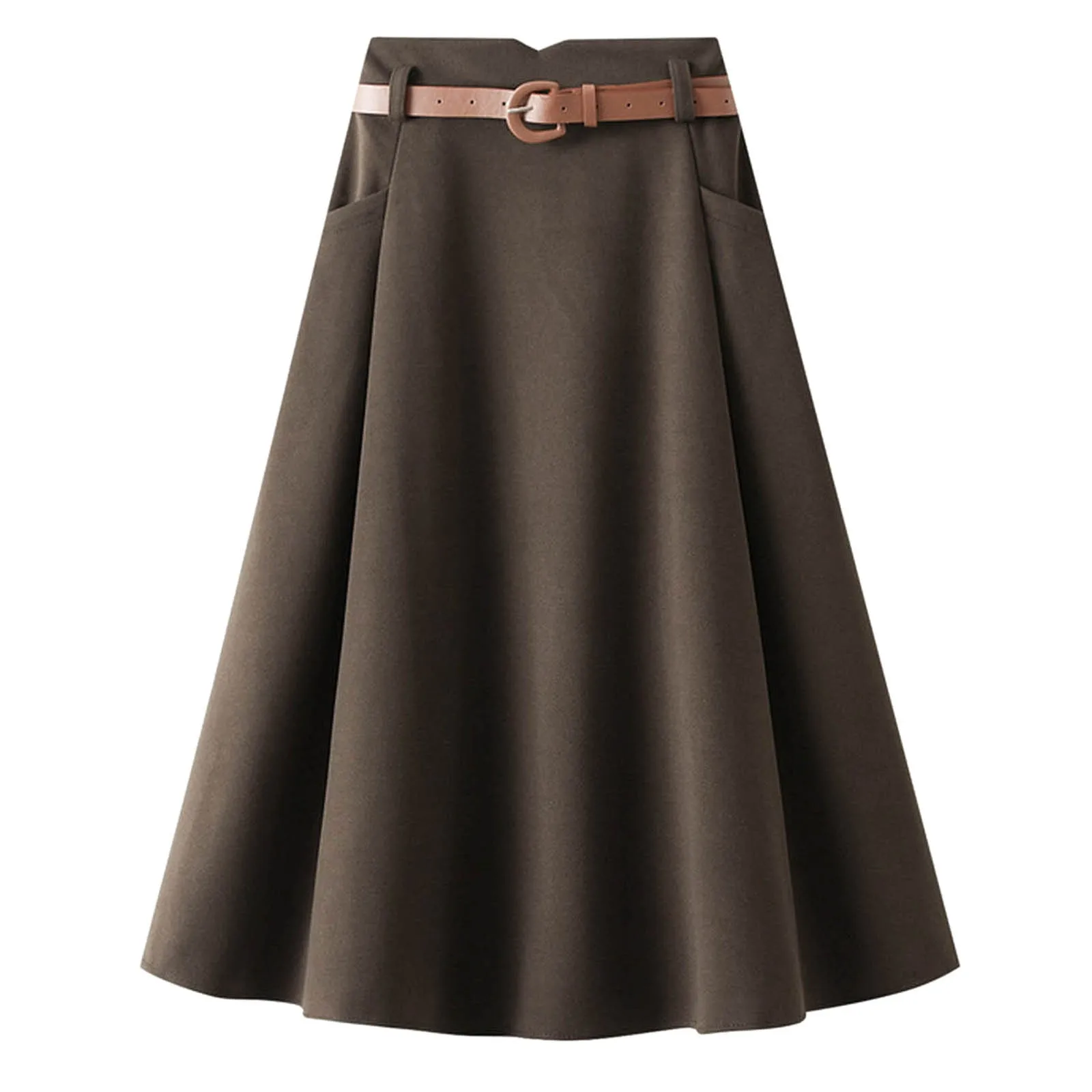 Women's High Waist Pleated A Line Mid Length Umbrella Skirts Solid Color Simplicity Vintage Casual Half Length Skirt With Pocket