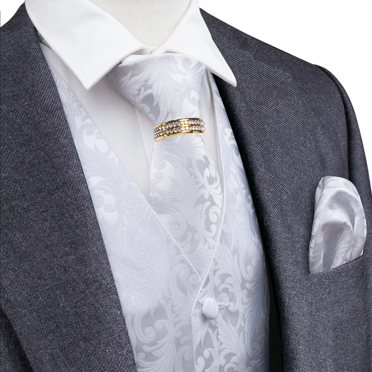 White Scroll Pattern V-Neck Vest 5-In-1 Kit Tie Square Cufflinks Ring For Outdoor Bridal Reception