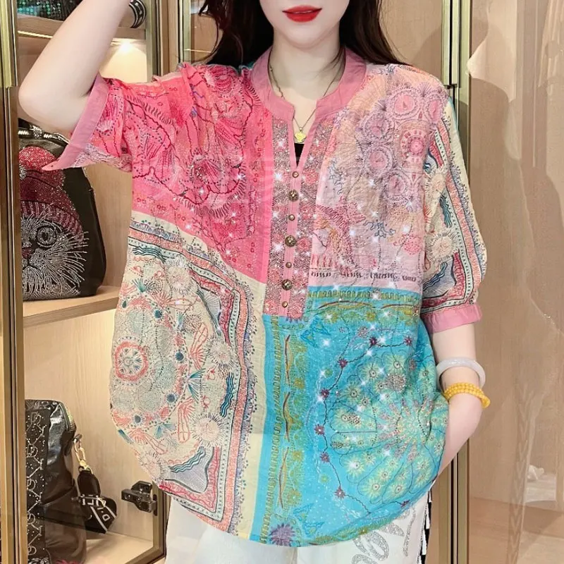 Casual Half Open Collar Blouse Beading Button Summer Vintage Printed Half Sleeve Female Clothing Loose Stylish Diamonds Shirt