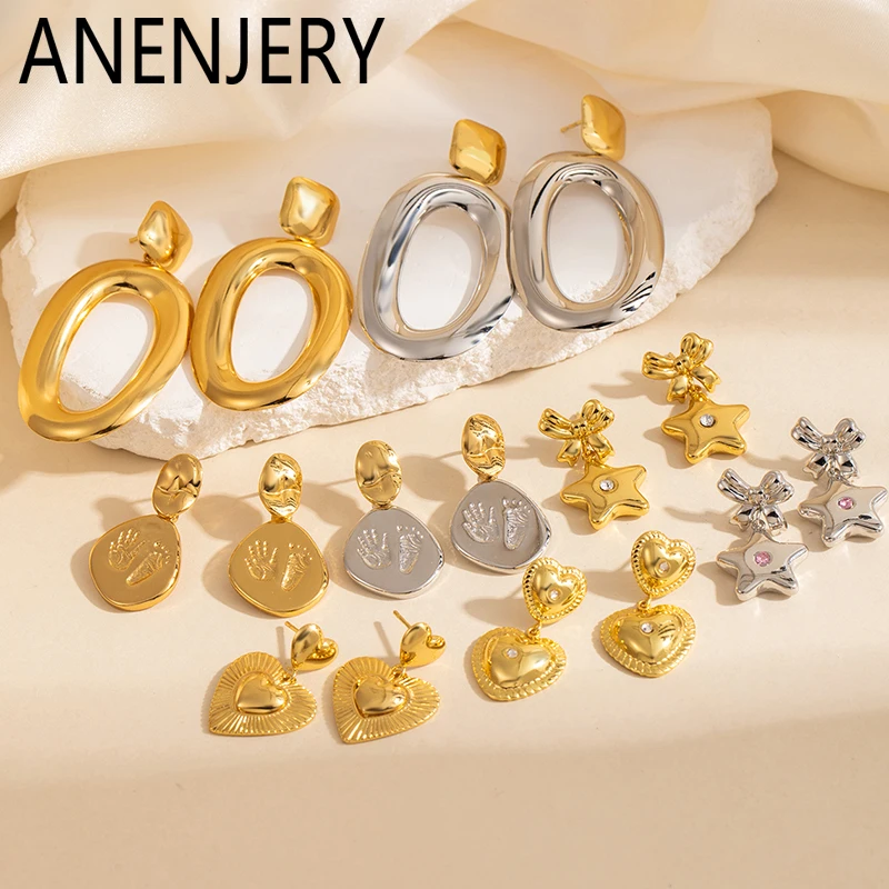 ANENJERY 316L Edelstahl Bowknot Stern Herz Oval Runde Karte Anhänger Ohrringe Für Frauen Französisch Vintage Mode Schmuck Geschenke