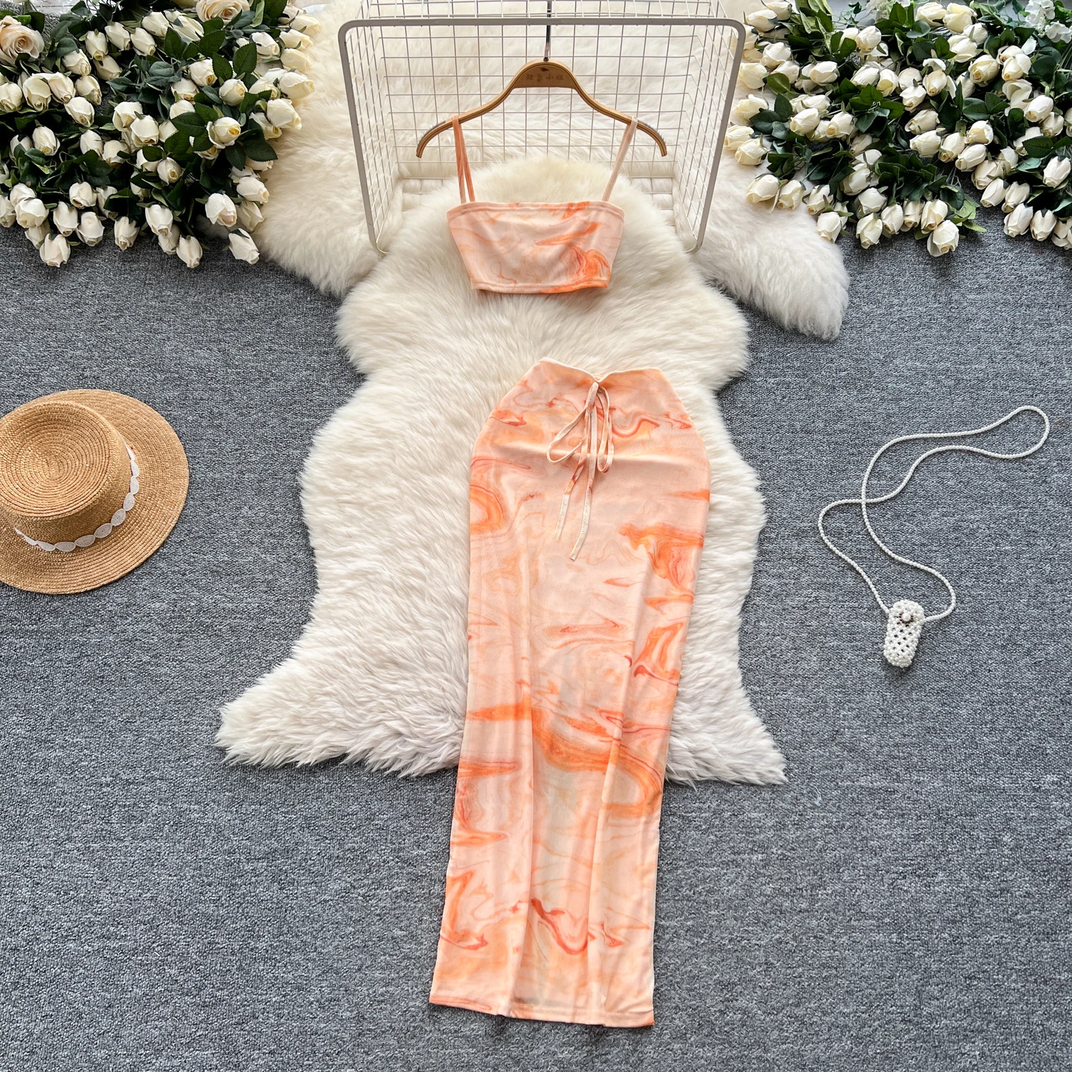 

Elegant Chic tie dye off shoulder backless Dress Party A-line Beach High Waist Basic Women Two Piece Set
