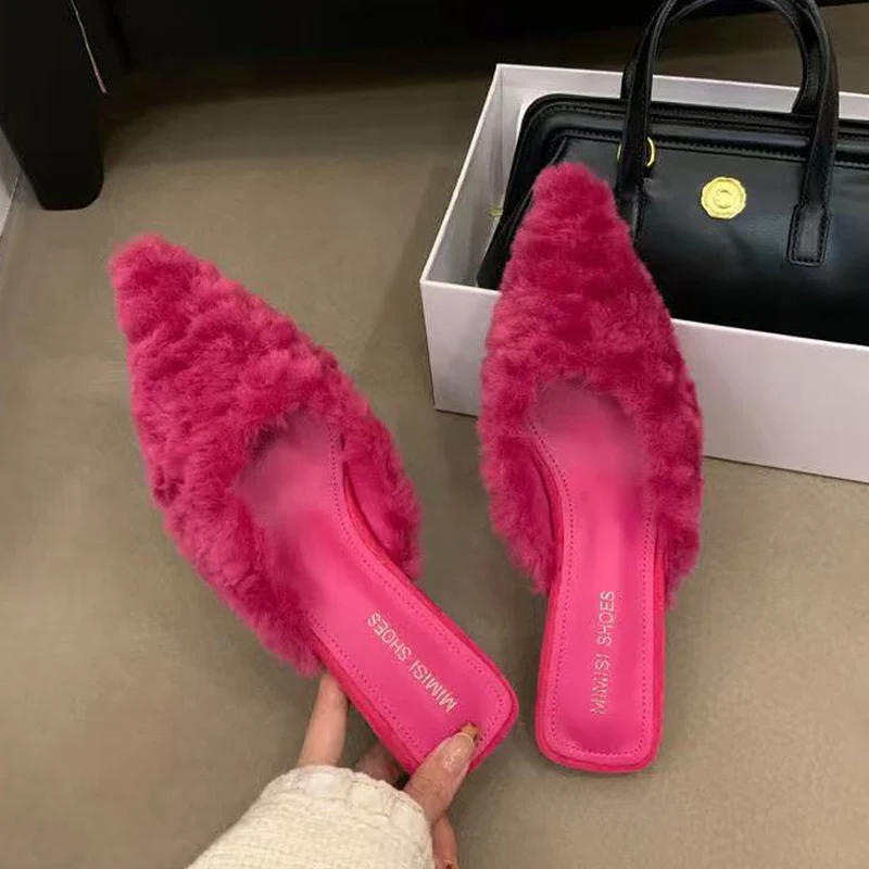 

Women Pointed To Fluffy Slippers High Heels Shoes Winter Sexy Sandals Dress Mules Shoes 2025 Slingback Casual Flip Flops Mujer