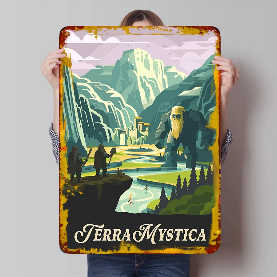 Terra Mystica Jogo Pôster de metal vintage Fantasia World Mountain Decoração de arte gigante
