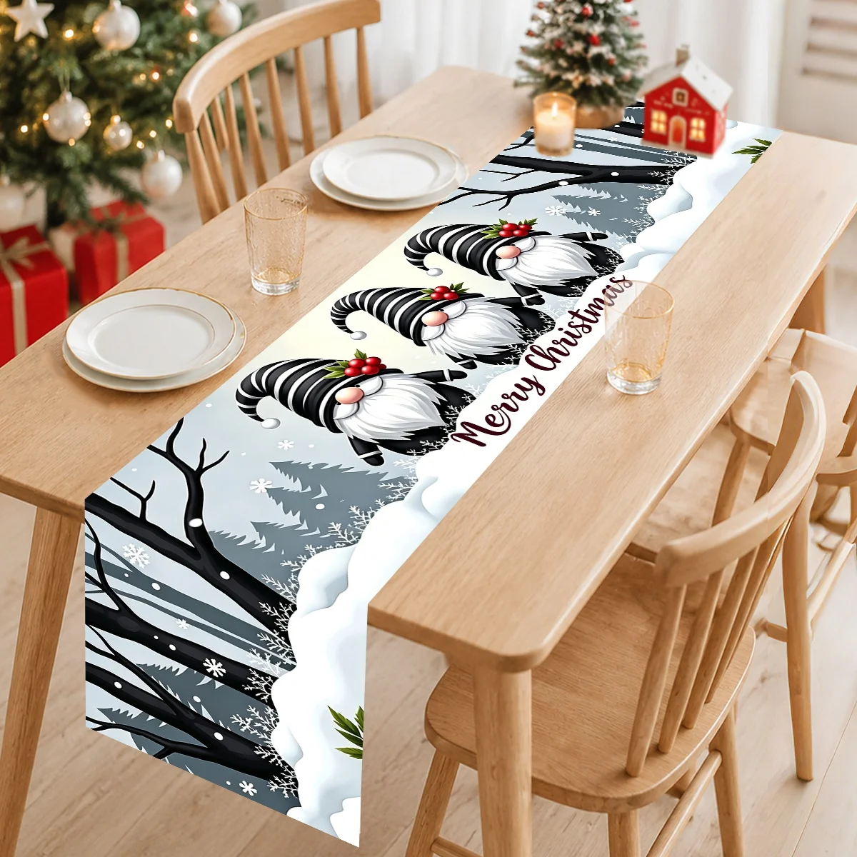 Christmas Themed Table Runner Three Gnome Designs Polyester Tablecloth Indoor Outdoor Home Party Decor Christmas Decoration 2026
