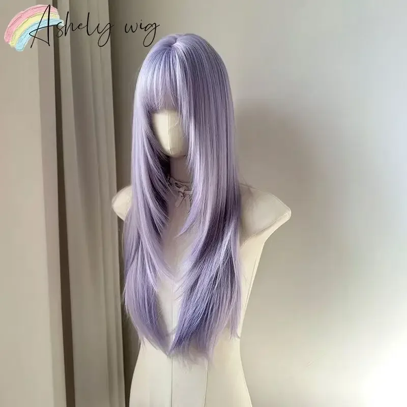 

Lavender Layered Wig with Bangs 26inch Long Straight Hair Wig for Women Lolita Cute Cosplay Wigs High Quality Synthetic Wigs