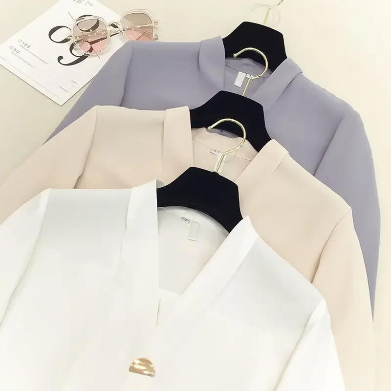 Solid Color Loose Temperament Blouse Women New Classic Long Sleeve V-neck Korean Office All-match Pullover Chiffon Shirt A265