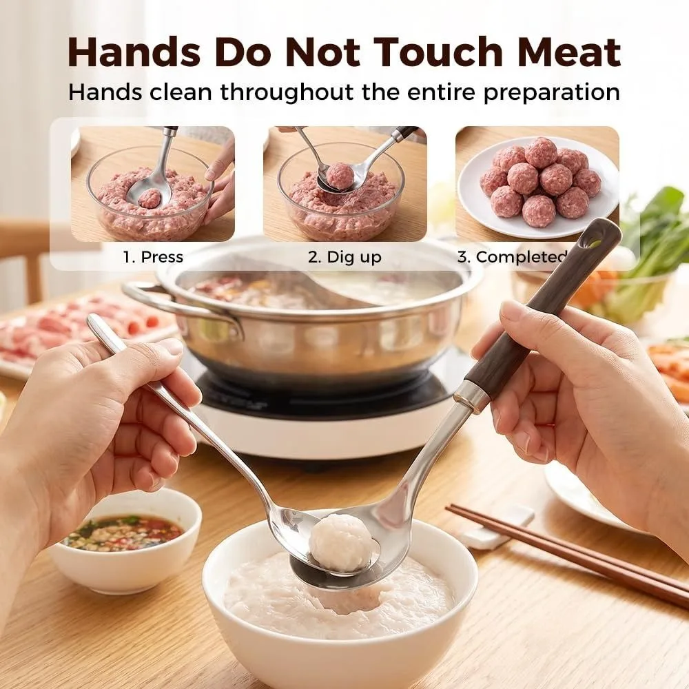 Stainless Steel Meatball Maker Spoon Round Spoon Head Wood Grain Handle Kitchen Meatball Tool Hanging Hole Meatball Scoop