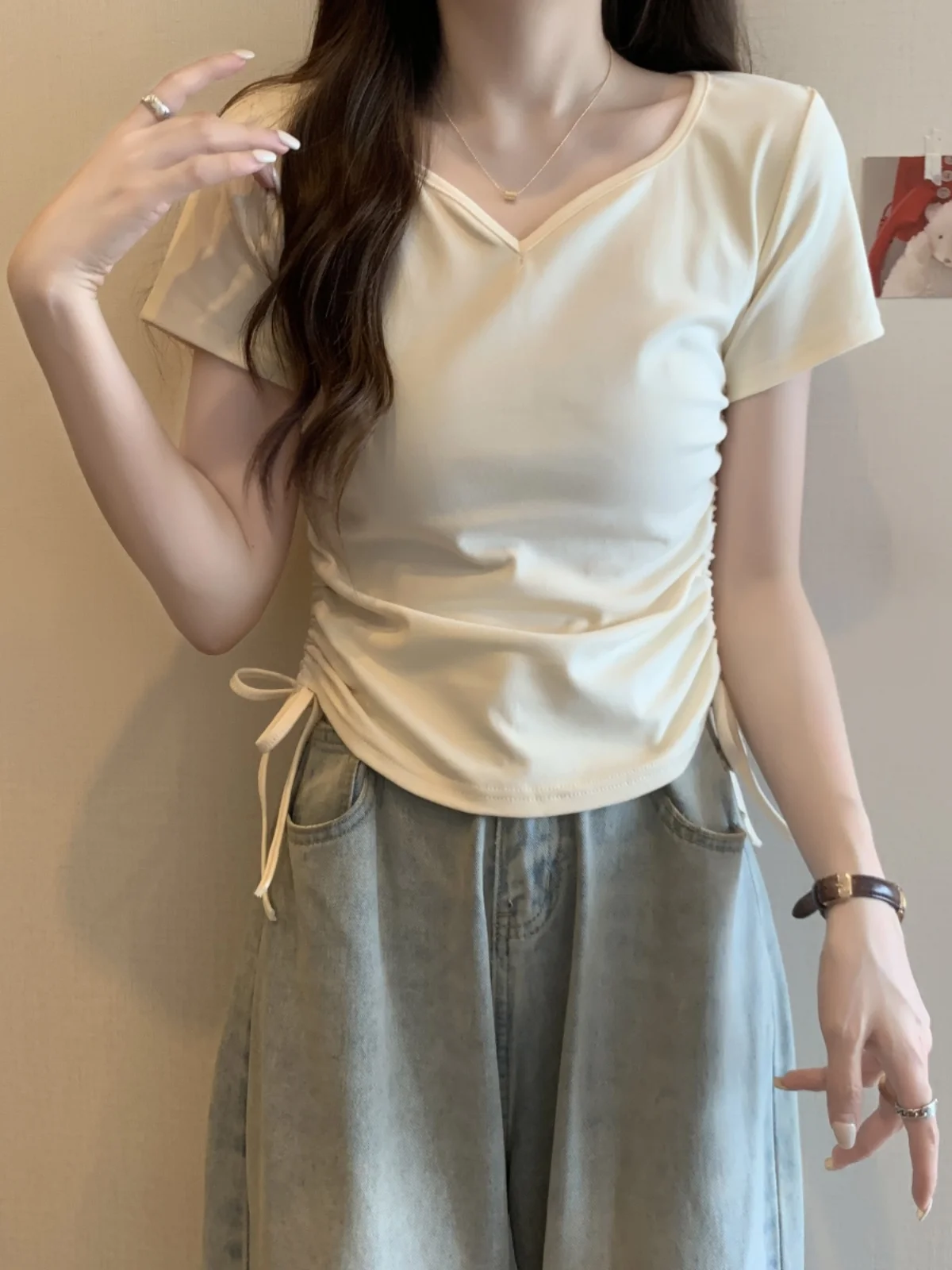 

Slim Fit V-Neck Short Sleeve T-Shirt Women Summer plus Size Drawstring Waist Korean Style Casual Wear Creative Pattern