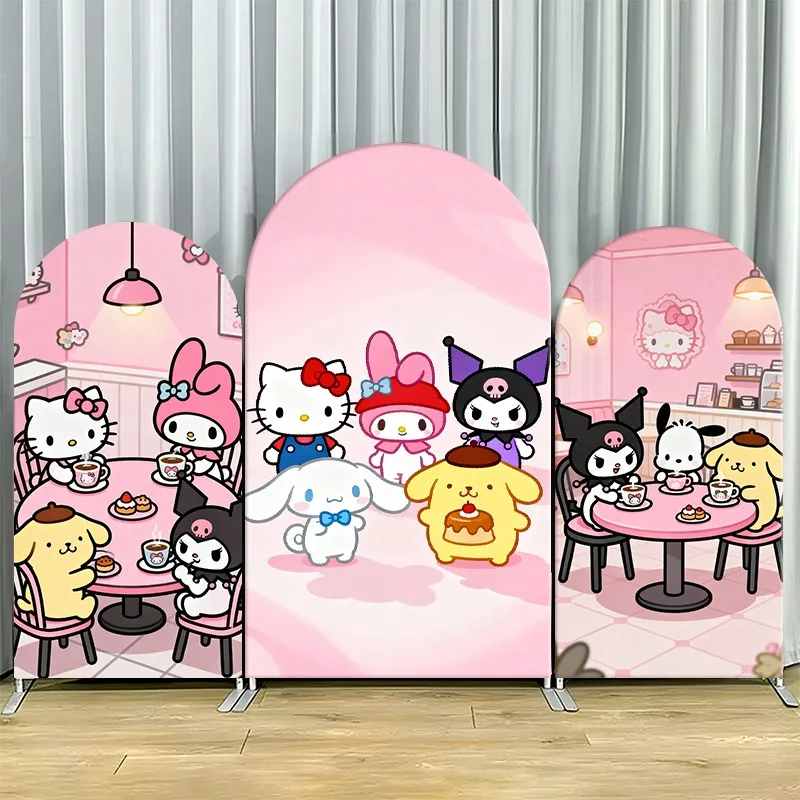 Housse de toile de fond 2D plate à arche, simple couche, en tissu non extensible, thème Hello Kitty et ses amis rose, pour événements et séances photo