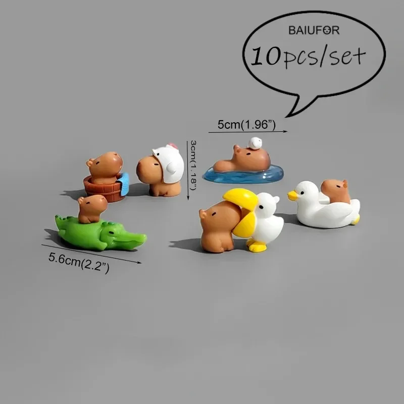 10Pcs Summer Scene Animal Mini Figurines, Capybara, Crocodile, Pelican Miniature Sculpture, Fairy Garden and Home Decor