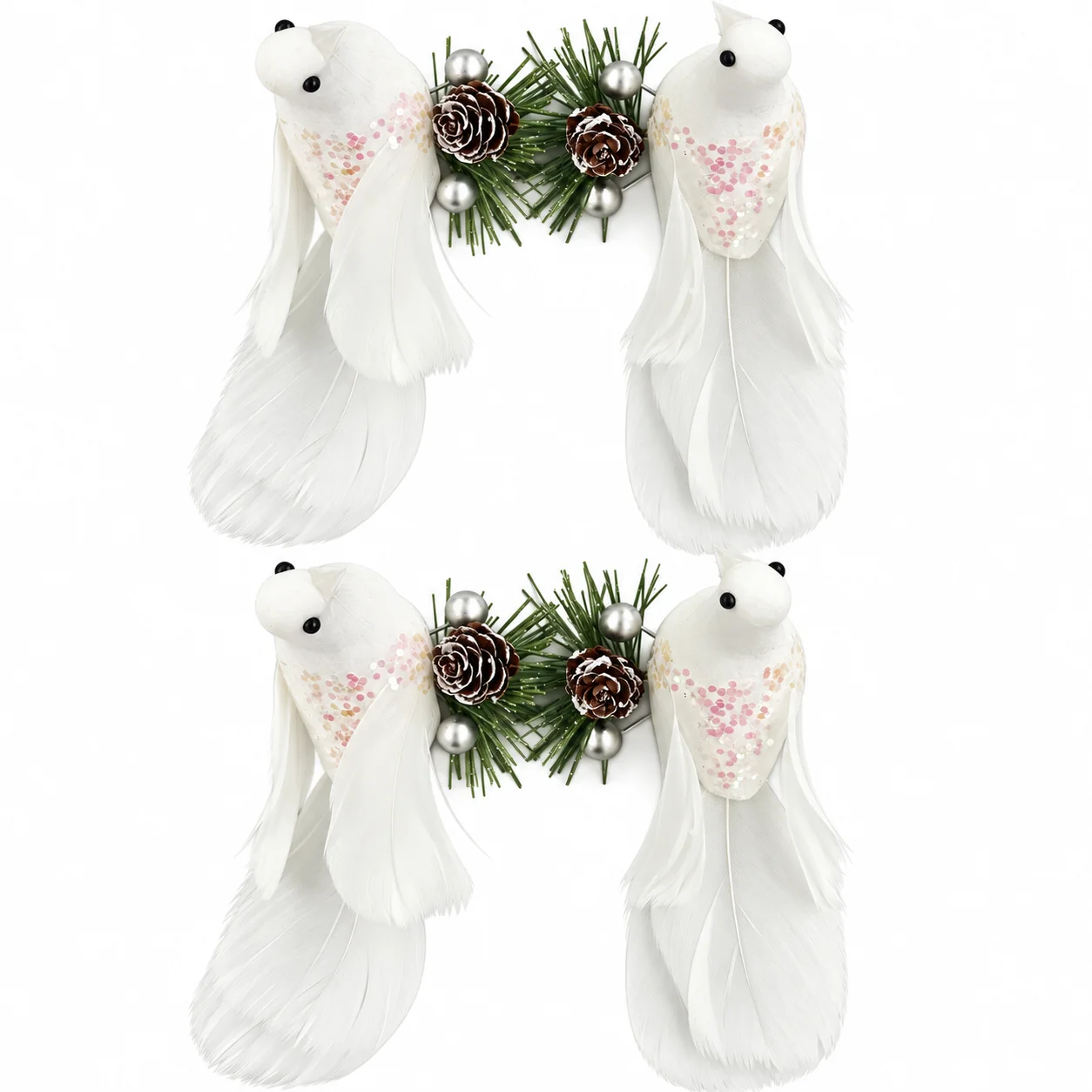 4PCS White Feather Bird Ornaments with Pinecones and Silver Berries, Christmas Tree Decorations, Winter Holiday Home Decor
