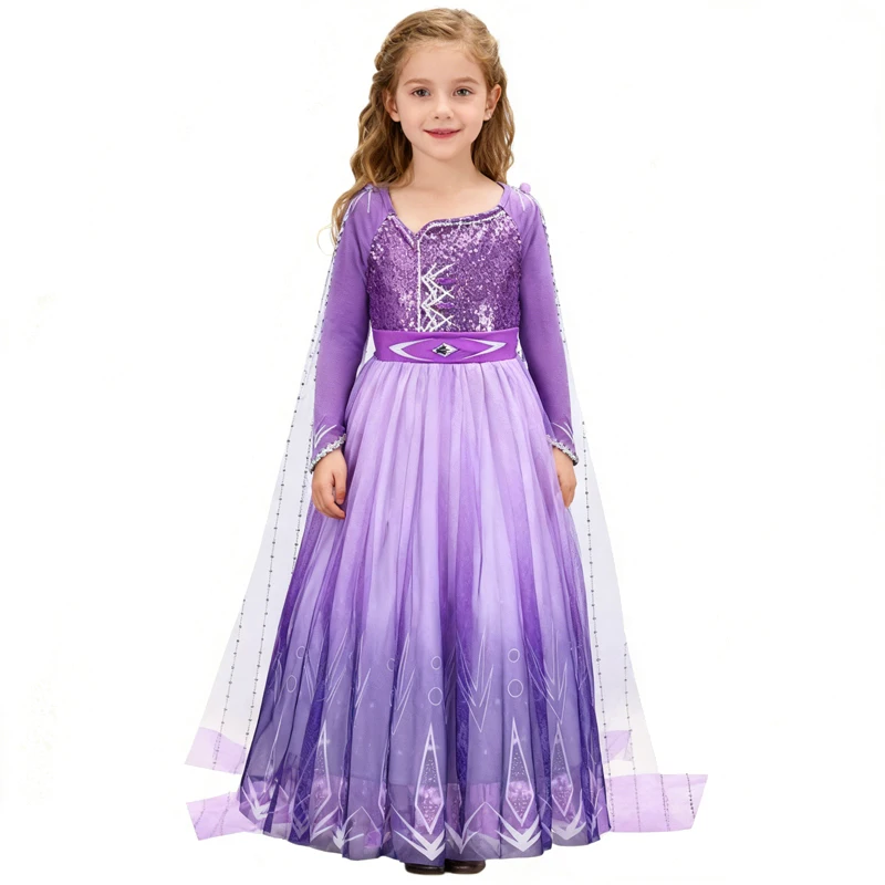 Purple Elsa Dress Girl Cosplay Princess Dress Birthday Party Gown Children Tulle Puffy Skirt Carnival Party Costume Accessories