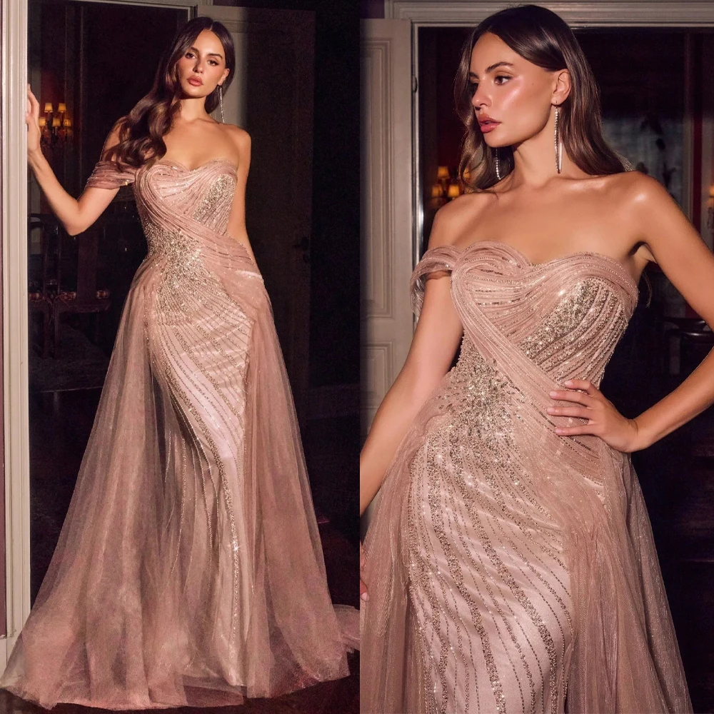 Luxury Beaded Pink Evening Dress Off Shoulder Mermaid Gown Party Prom Customized Formal Tulle Dress B263160