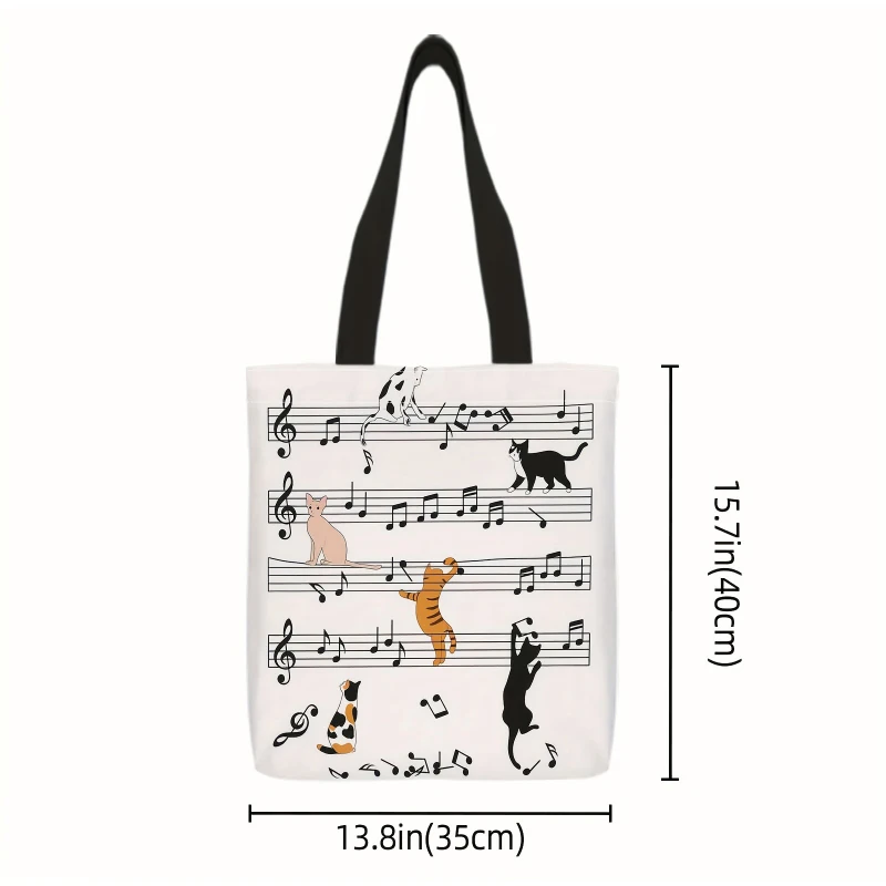 Creative Cat Piano Printed Canvas Shoulder Bag Lightweight Large Capacity Zipper Handbag Casual Simple Storage Shopping Bag New