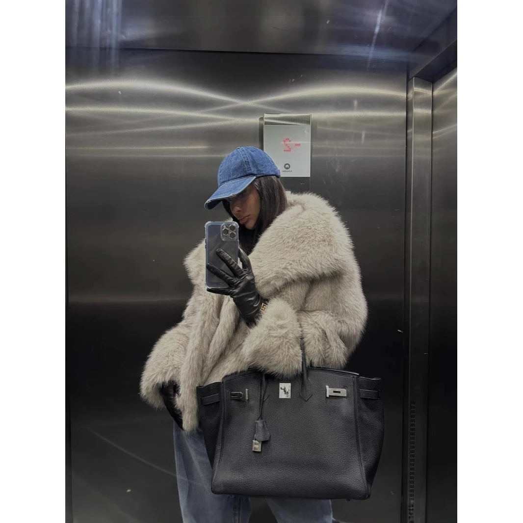 Women's Pure Color Artificial Fur Collar Coat Autumn Winter Fashion Outerwear Short Style Long Sleeve Elegant Lady's Coat