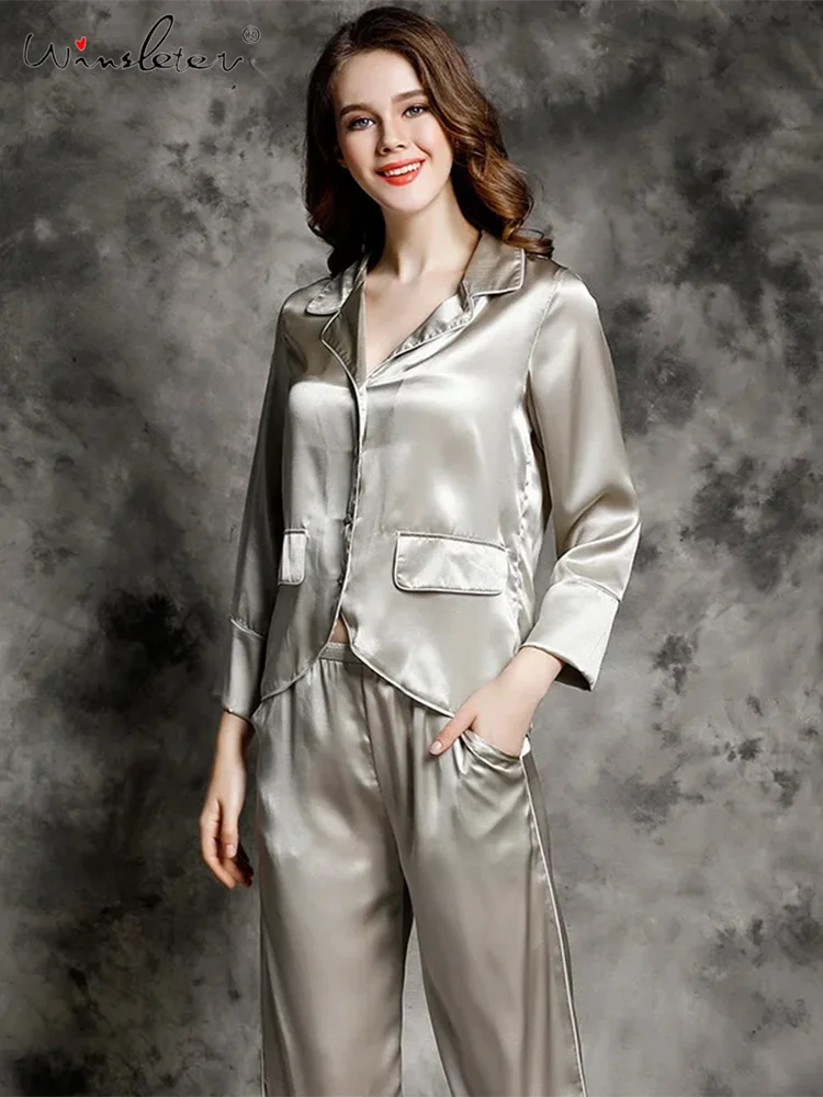 

Long Sleeve Solid Color,16MM 100%Real Silk Pajamas Set for Women,Simple Casual Homewear,2024 Spring New Sleepwear,S41025QM