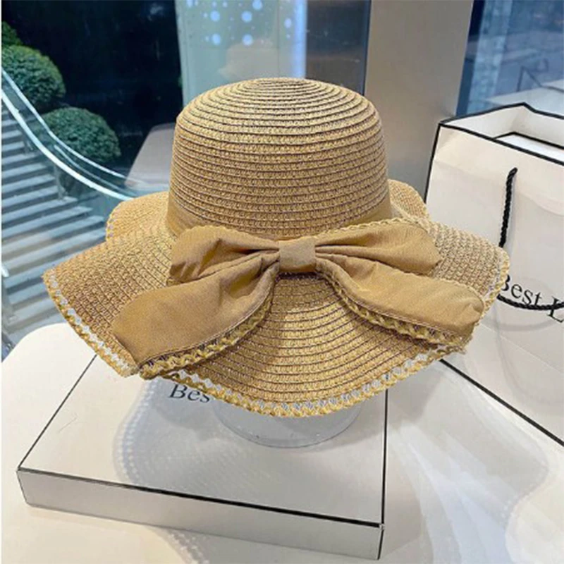 Spring and Summer Women\'s Sun Straw Hat Sun Shaded Big Brim Bamboo Hat Bowknot Fashion Fisherman Hat Outdoor H28