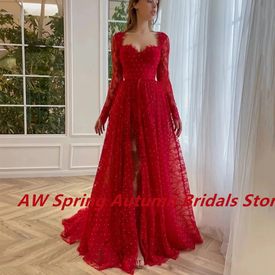 Red Lace Dress with Rhinestone Long Sleeves High Slit Prom Dresses Tulle Evening Party Wedding Dress A Line Graduation Dress