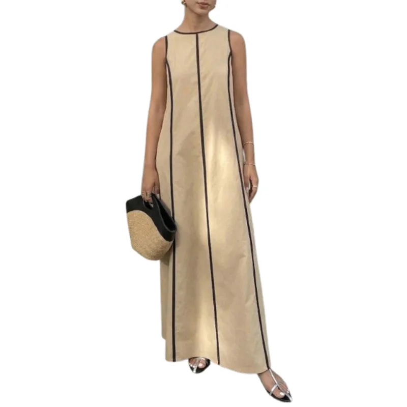 UOOZEE Women's Minimalist Black Trim Casual Summer Maxi Dresses 2026 New Sleeveless Round-Neck Loose Office A-Line Dress view 5