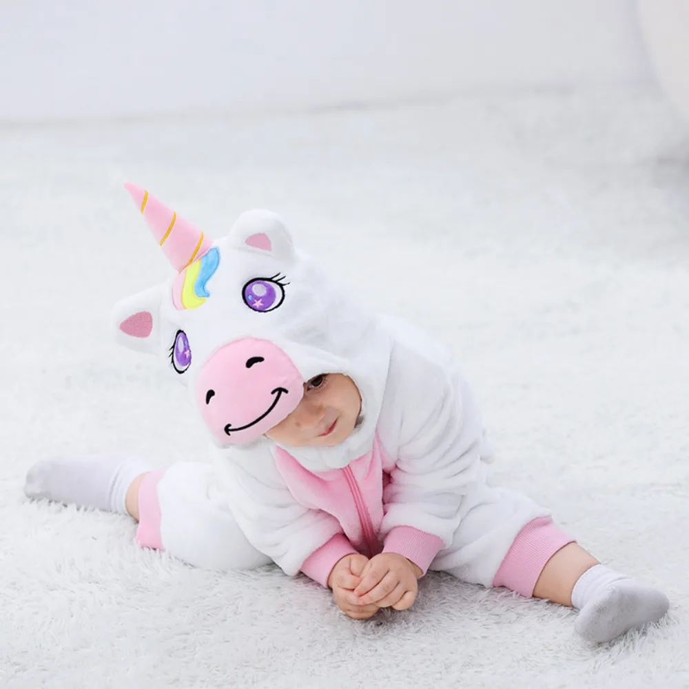 Kawaii White Unicorn Costumes Newborn Baby Boy Girl Clothes Rompers Toddler Outfits Winter Warm Pajamas Animal Playful Bodysuit