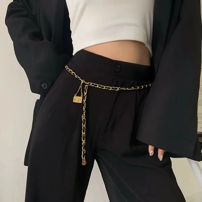 Gold Metal Bag Thin Women Belt Elegant Shiny Tassel Long Chain Waist Belts for Ladies Fashion Dress Skirt Waistband Body Belts