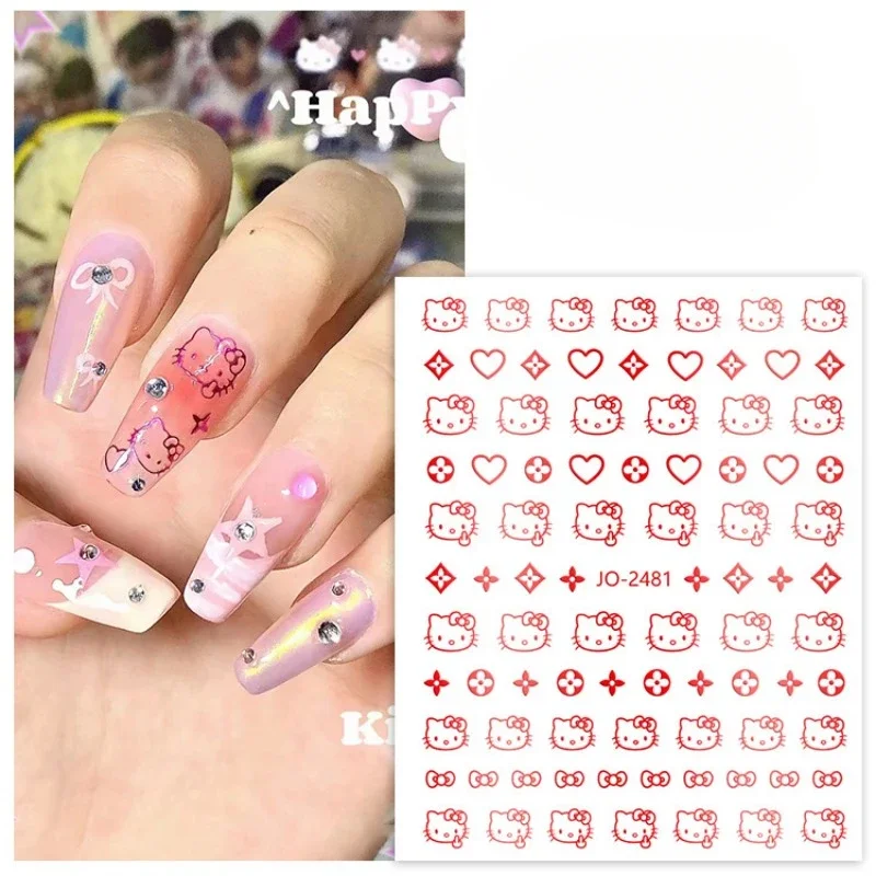 Sanrio peripheral Hello Kitty Nail Art Stickers Anime Cartoon KT Cartoon Cute Hot Girl Glue Back Nail Decal Nail accessories