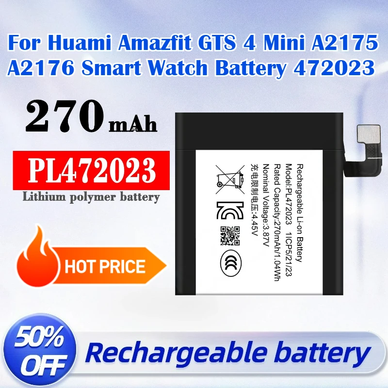 Upgrade New PL472023 270mAh 3.87V Replacement Battery for Huami Amazfit GTS 4 Mini A2175 A2176 Smart Watch Battery 472023