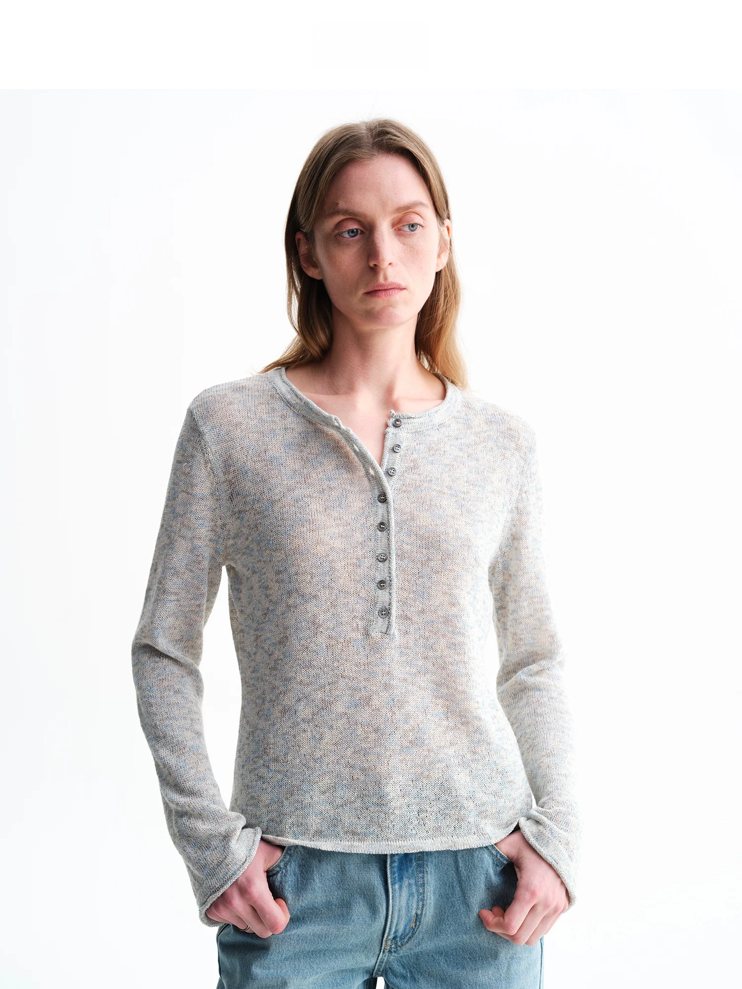 

Silver Tead Texture Knitted Top Waist Cinching Loose Fit Long Sve round Ne Button up Casual Wear for Women