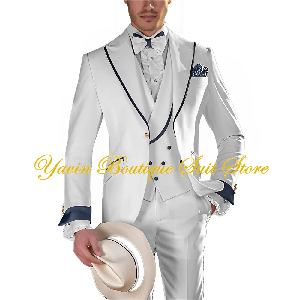 Wedding Groom Tuxedos Slim Fit Men Suits 3 Pieces Peaked Lapel Jacket Vest Pants Man Prom Dinner Party Blazer