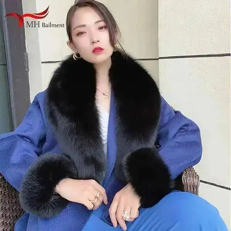 Women Winter 100% Natural Fox Fur Scarf And Cuff Set Jacket Collar Neck Warm Luxury Furry Scarves Warmers Fluffy Long Shawl