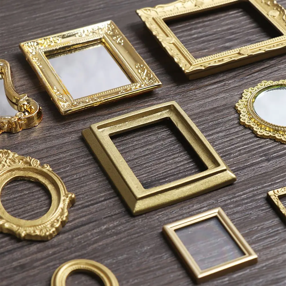 1:12 Scale Vintage Furniture Mini Golden Frames Retro Mirror Miniature DIY European Style Dollhouse Ornament Accessories