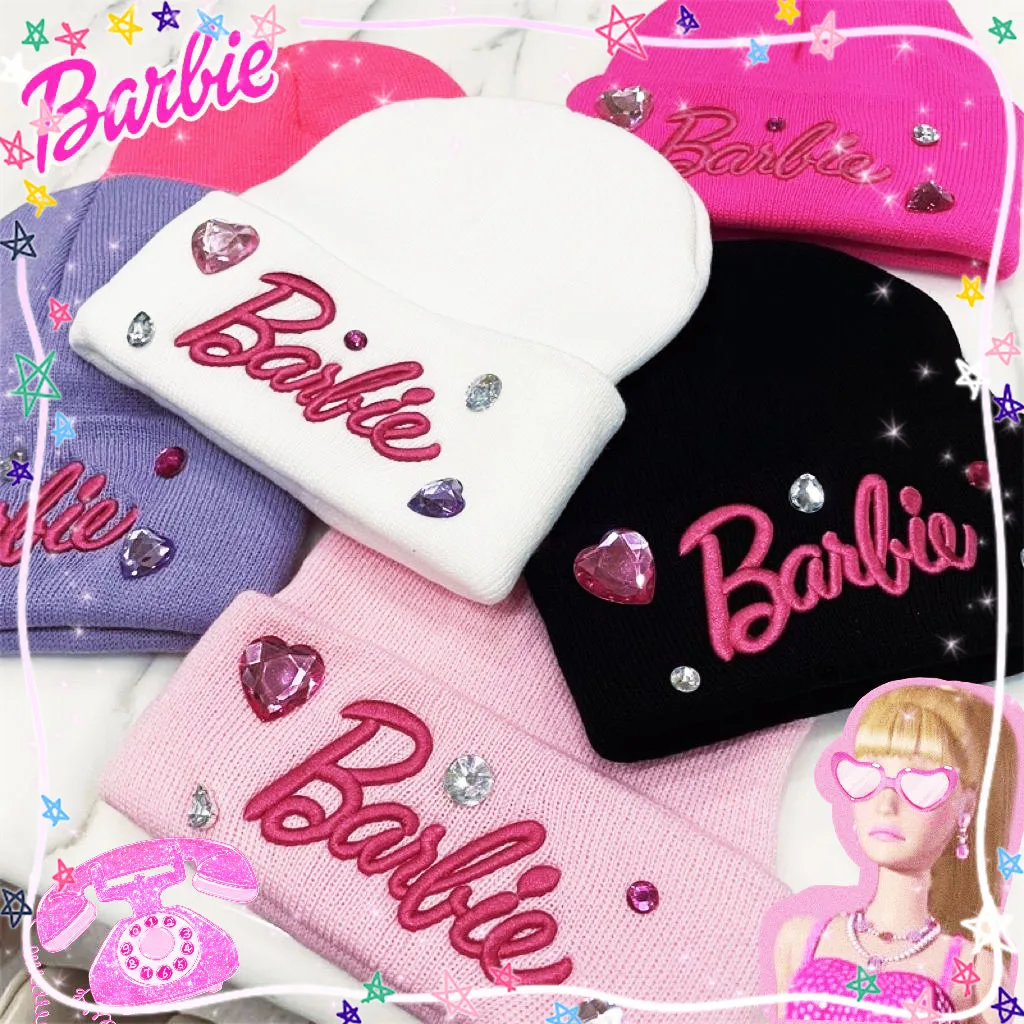 

Barbie Knitted Wool Hat Kawaii Rhinestone Stylish Spring Winter Warming Soft Trendy Decoration Cute Girls Gift Lovely Cute Y2K