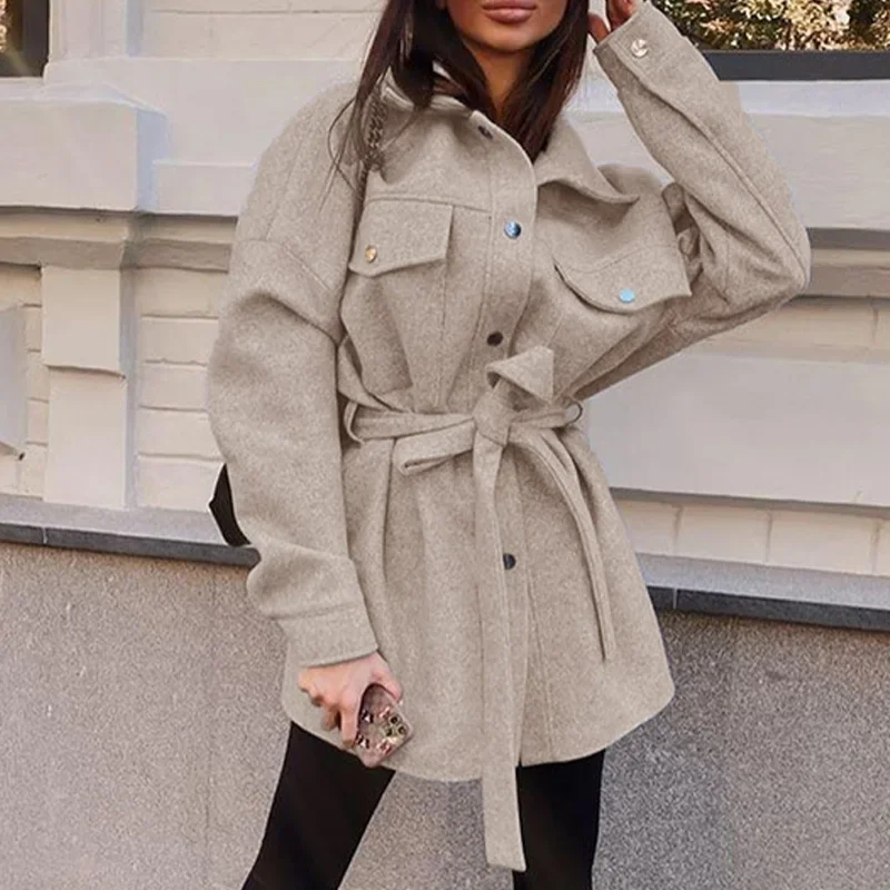 Women's 2024 Casual Fashion Loose Lapel Wool Chic Coat with Retro Long Sleeve Side Pockets Women's Coat Warm Women's Clothing