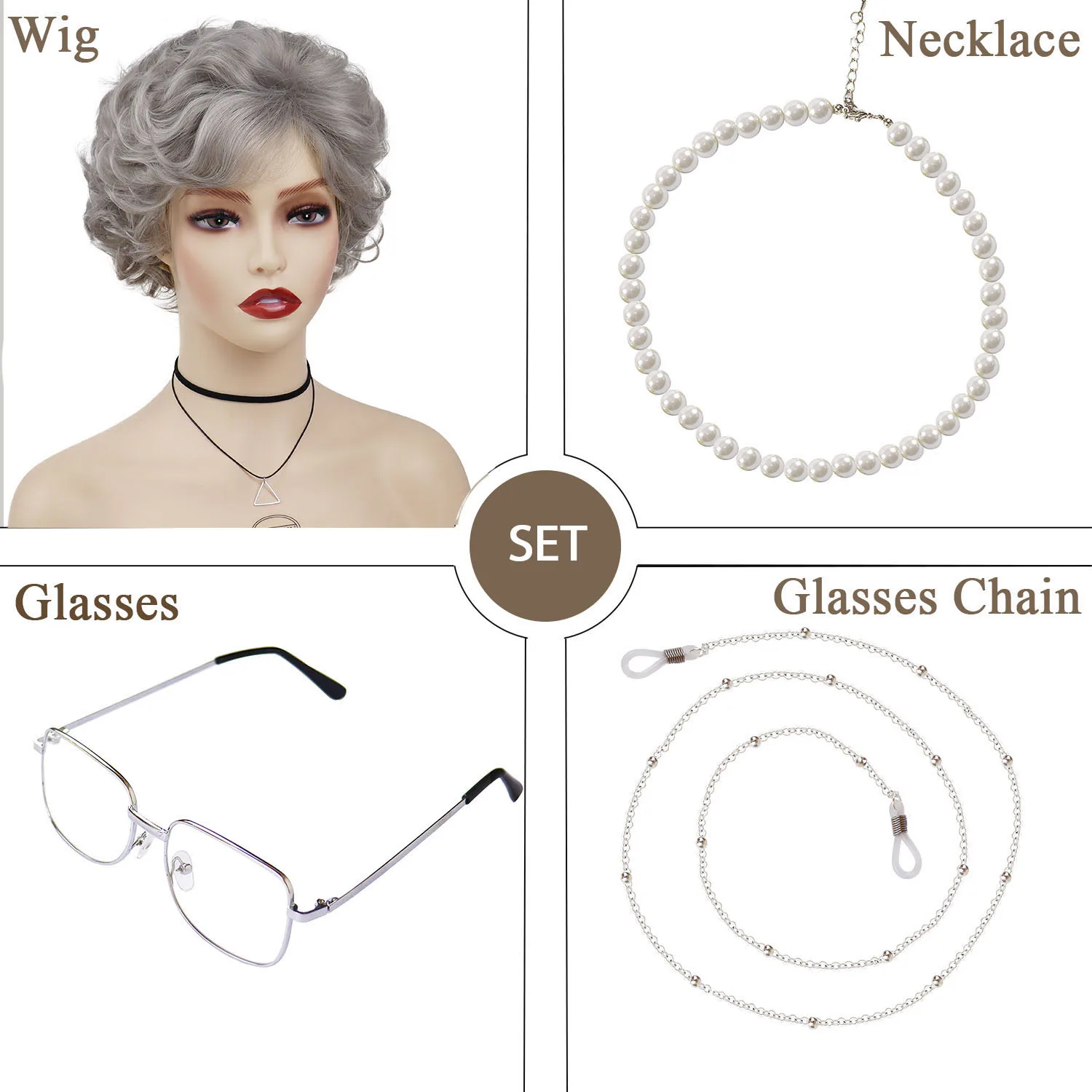 Peruki damskie w kolorze popielatego blondu, syntetyczne krótkie peruki z grzywką, kręcone peruki dla matki, starszej kobiety, kostiumu babci, peruki dla mamy z naszyjnikiem, szkłem.