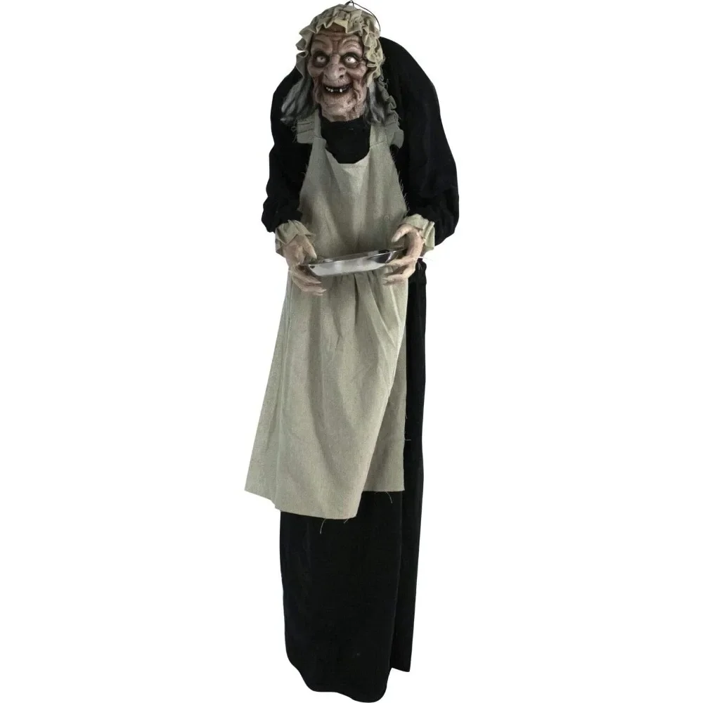 Life-Size Halloween Animatronic, Scary Talking Zombie Maid with Touch Activated Lights and Sounds, Battery Operated Indoor