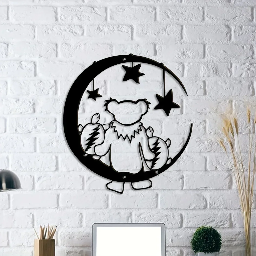 metal iron 1pc Bear Moon Metal Sign, Bear with Turtles Wall Hanging Art, Metal Wall Mounted, Bear Sitting on The Moon Home