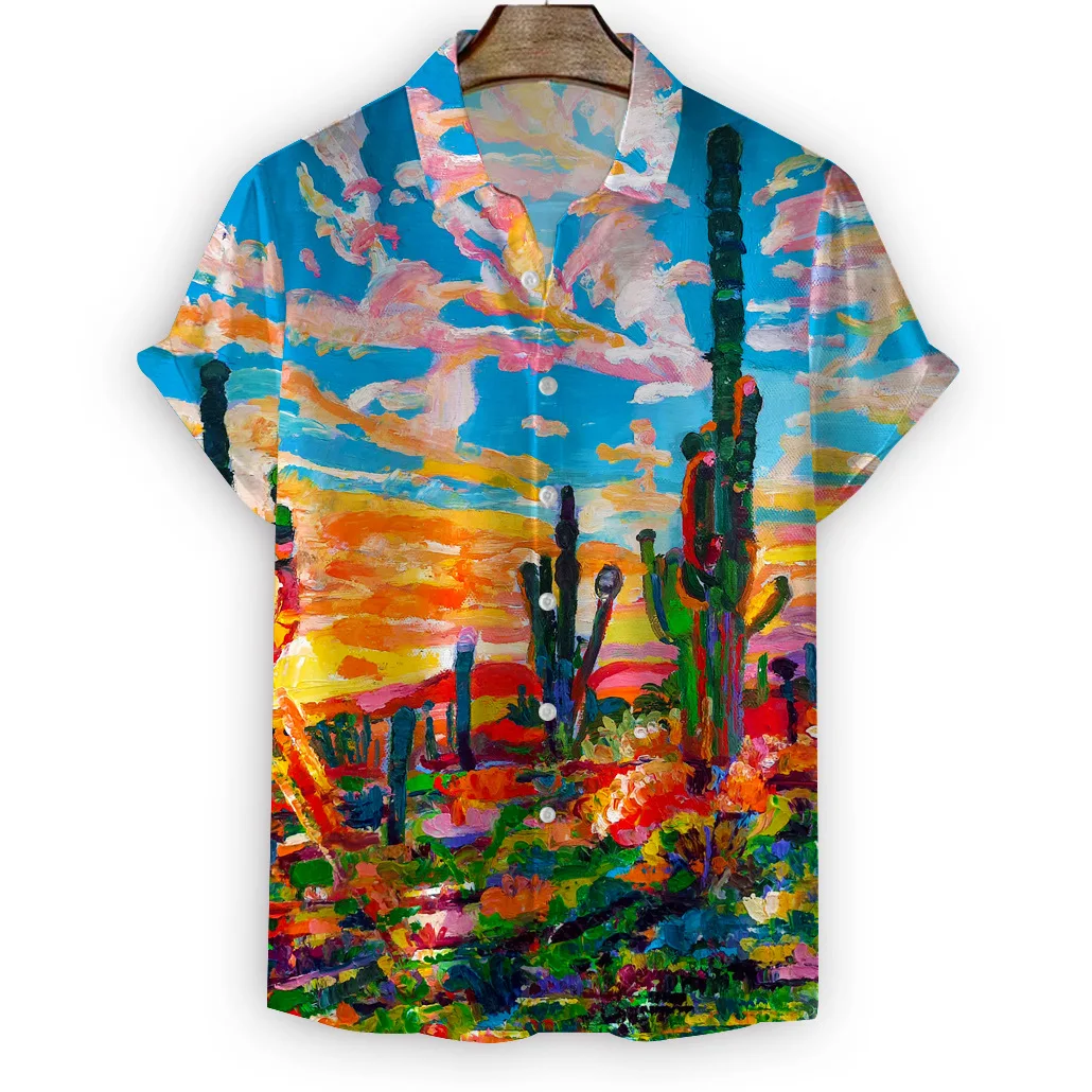 Men's Hawaiian Shirts Oil Painting Hot Stamping Printing Men's Fashion Short Sleeve Harajuku Adt Beach Shirts