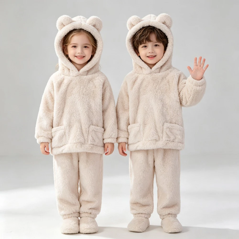 Toddler Bear Ear Hooded Pajama Set Kids Flannel Sleepwear 2Pcs Warm Soft Children Homewear Boys Girls Winter Night Loungewear