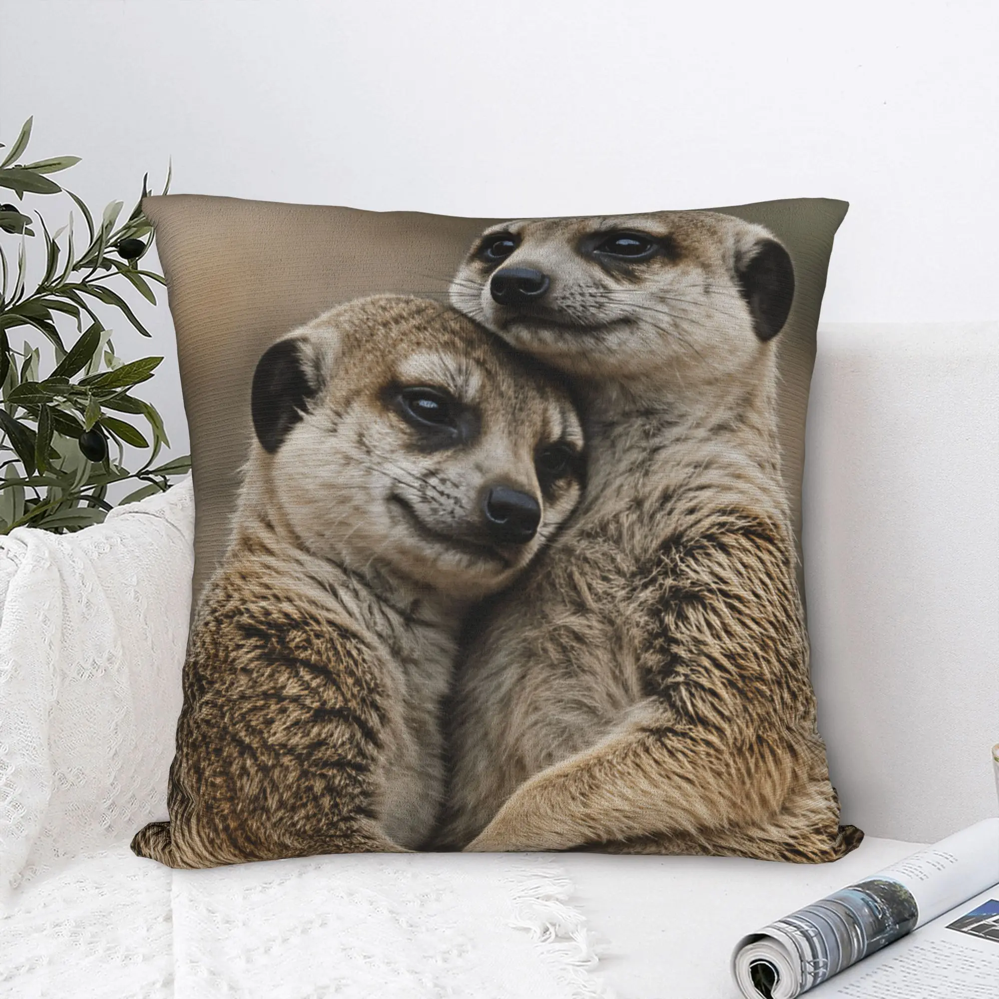 Two Snuggling Meerkats Warm Wildlife Photo Pillow Case  Cute Funny Pillow Cover Square Pillowcases For Wedding Party Home Decor