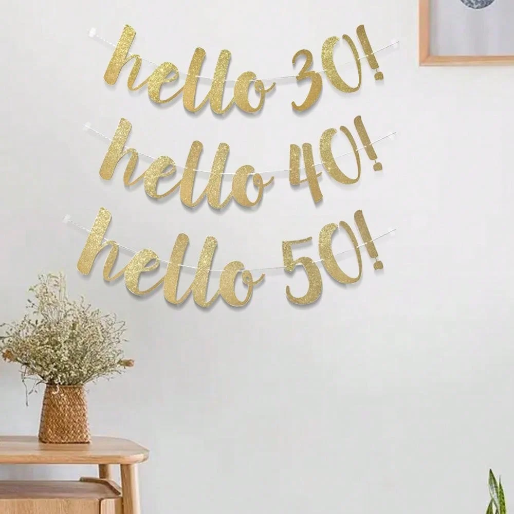 hello 30 40 50 60 paper gold banner anniversary birthday party decorations adult wedding decoration garland supplies