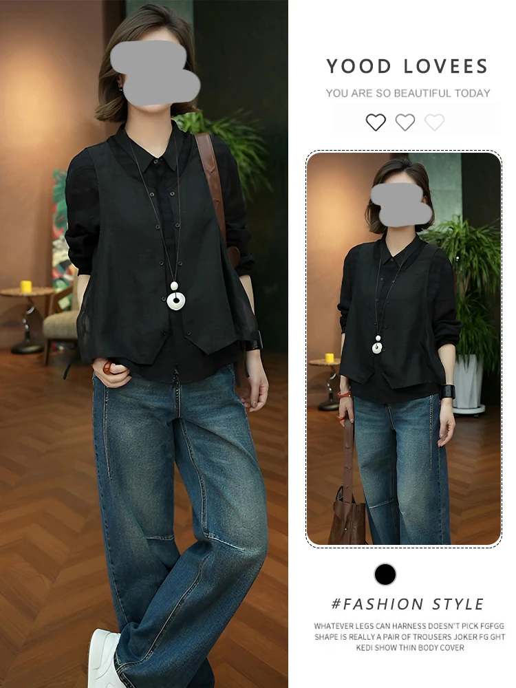 

Модная женская куртка в европейском стиле с длинными рукавами и пэчворком, весенне-осенняя, свободного кроя, универсальная рубашка-топ черного цвета