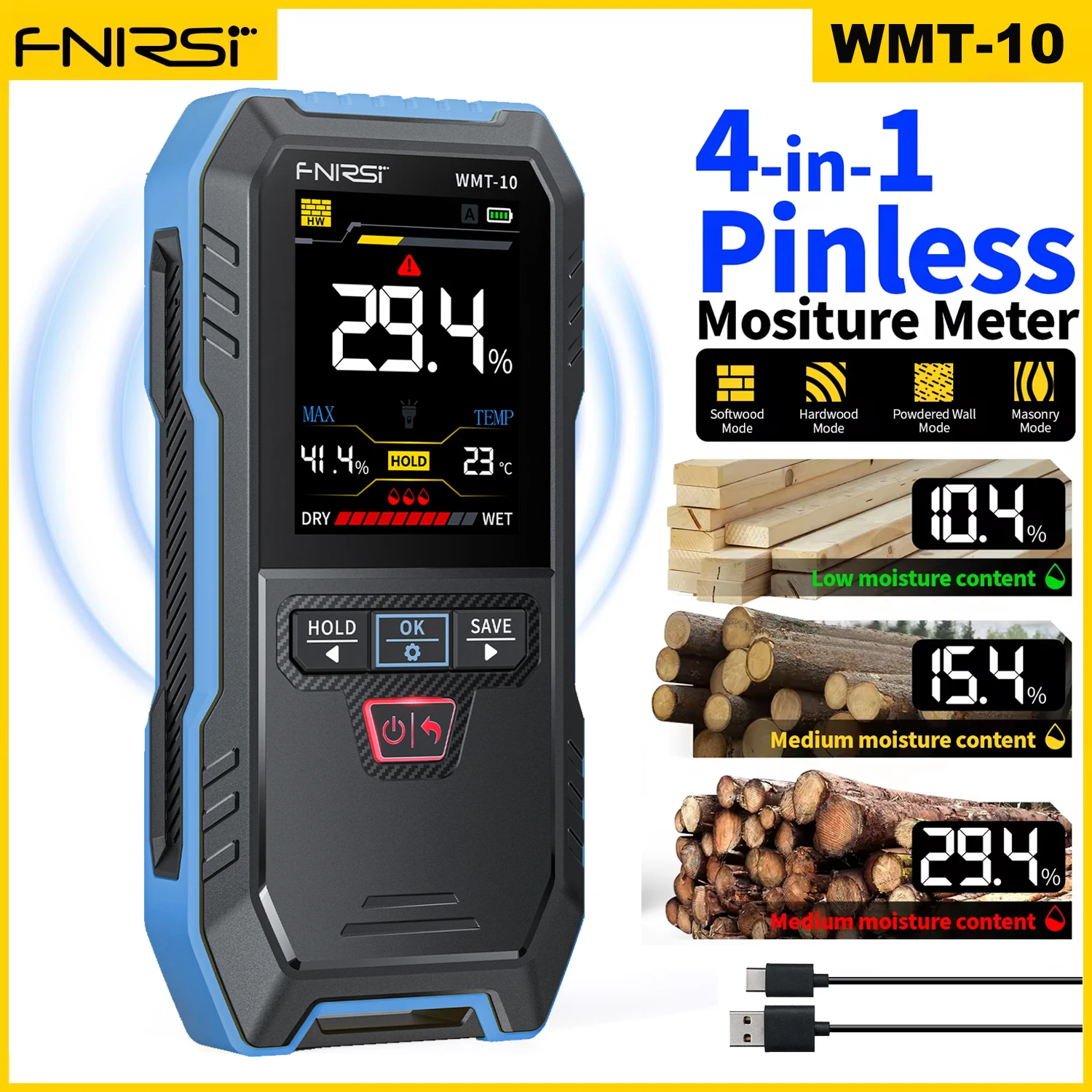 FNIRSI WMT-10 medidor de humedad de madera inductivo higrómetro Detector de pared húmeda de madera sin contacto probador de humedad no destructivo