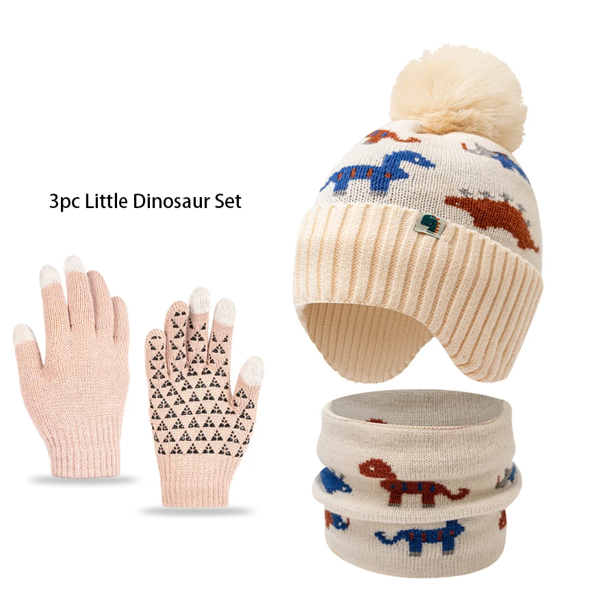 Conjunto de chapéu, cachecol e luva infantil 3pc3-12Y, para meninos e meninas no outono e inverno, chapéu de lã de malha quente, protetores de ouvido e
