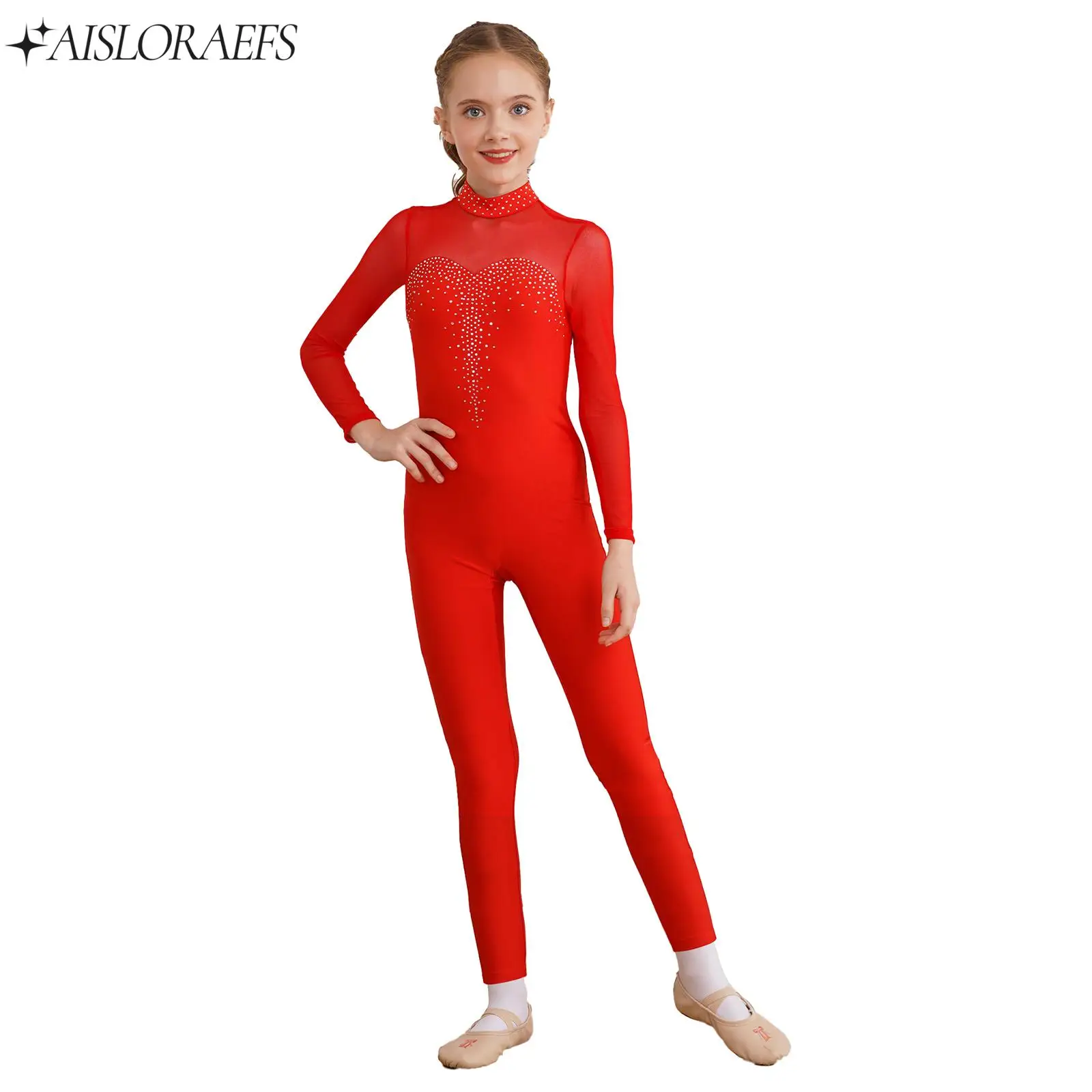 Figure Skating Gymnastic Jumpsuits Long Sleeve Rhinestone Yoga One Piece Suit for Girls Artistic Bodysuit Lyrical Dance Costumes