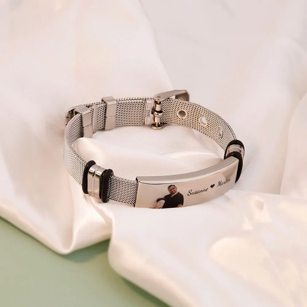 

LeeChee Mesh Strap Custom Colorful Photo Bracelet With Customize Engraved Laser Letter Watch Bracelet Stainless Steel Gift