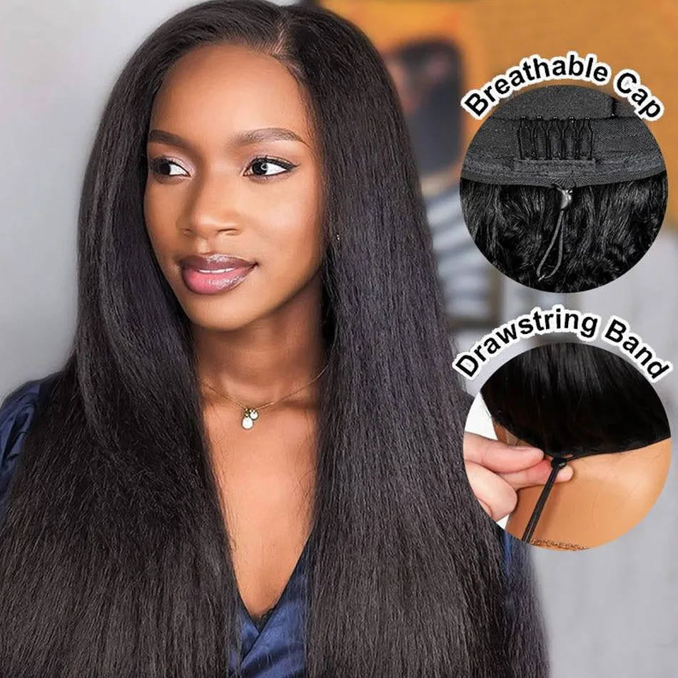 Kinky Straight 3-in-1 Half Wig Human Hair, Drawstring, 250% Density