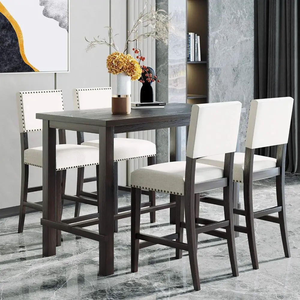 

5-Piece Counter Height Dining Set: Wooden Desk with 4 Upholstered Chairs for Kitchen, Breakfast Nook, Bar, Living Room