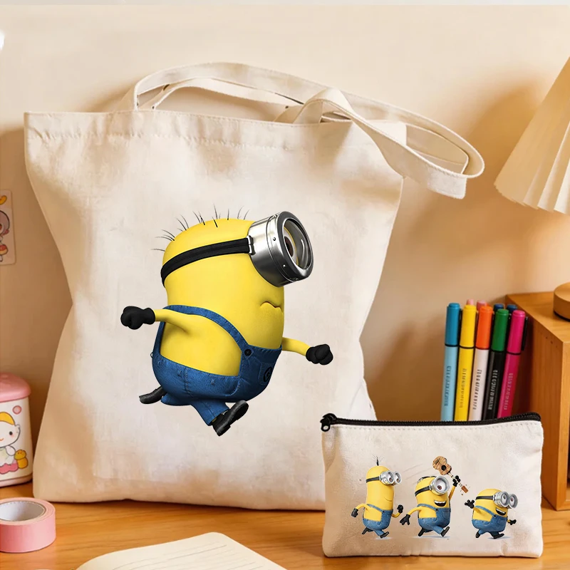 

2PCS Minions Shoulder Bag+coin Purse Set Boy Girl Cartoon Anime Canvas Bags Student Fashion Handbag Crossbody Pouch Gifts 2026