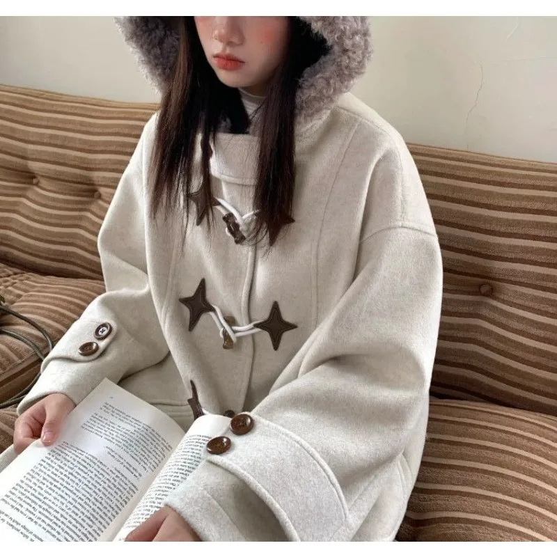 

Korean Atmosphere Star Hooded Fur Collar Horn Buckle Woolen Coat Autumn and Winter Commuting Versatile Woolen Cardigan Jacket