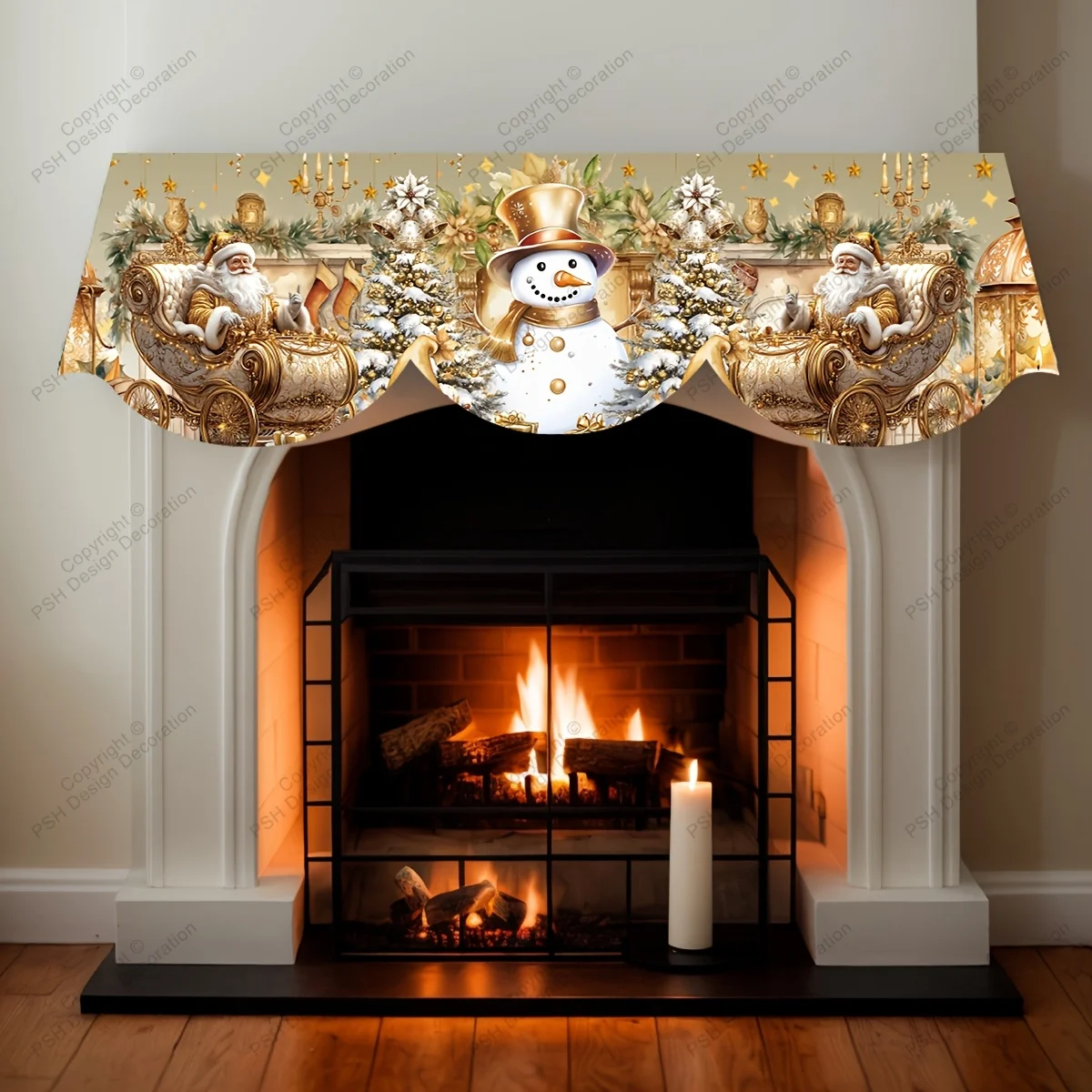 VIKAMA Christmas Fireplace Mantel Scarf Golden Santa Sleigh Snowman Mantel Topper Xmas Fireplace Shelf Cover Holiday Home Decor